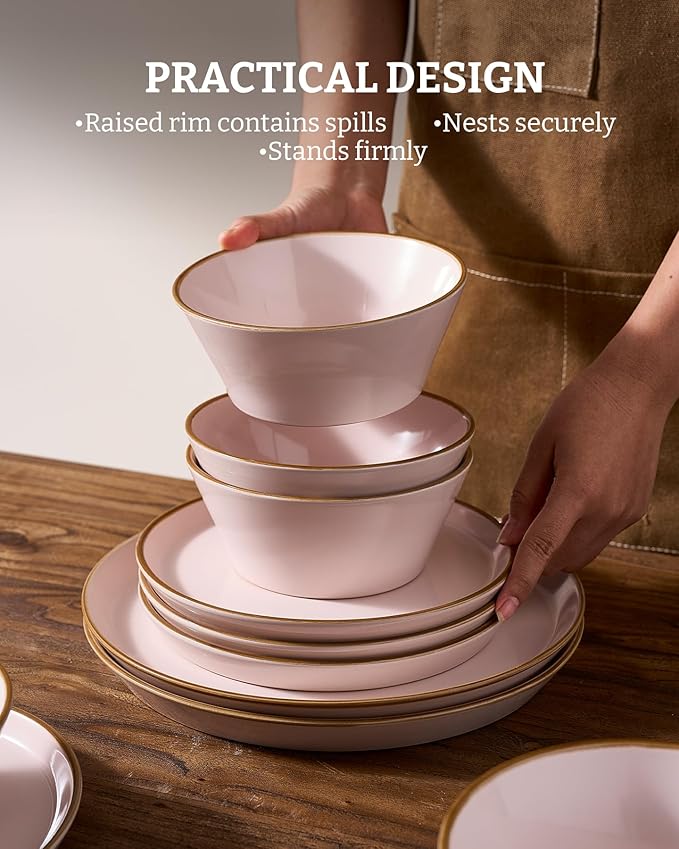 Famiware Saturn Stoneware Dinnerware Sets for 8 (24 Pieces), Ceramic Plates and Bowls Dish Sets with Hand-Painted Trim - Chip & Scratch Resistant, Microwave & Dishwasher Safe Tableware, Light Pink