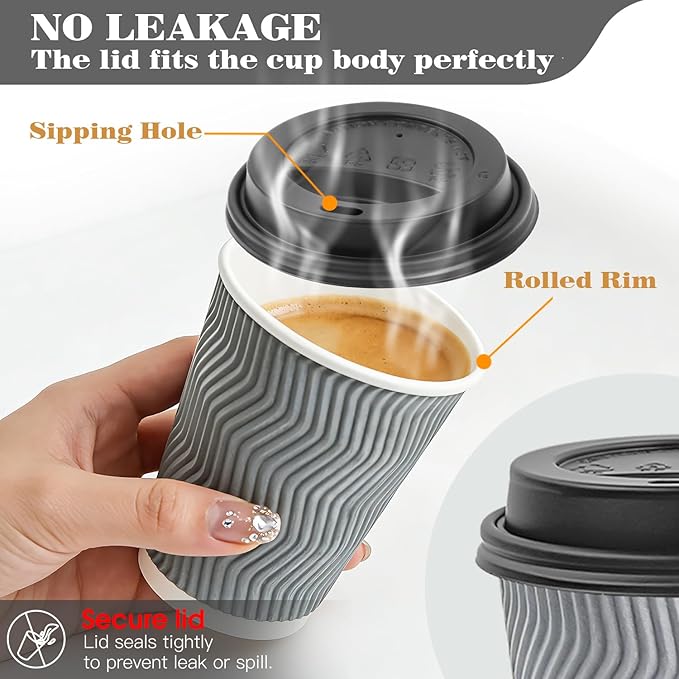 Ginkgo 100 Pack To Go Paper Coffee Cups With Lids, 8 oz Disposable Double-Walled Ripple Insulated Hot Cups for Hot Drinks, Lattes, Travel Cups, Small, Gray