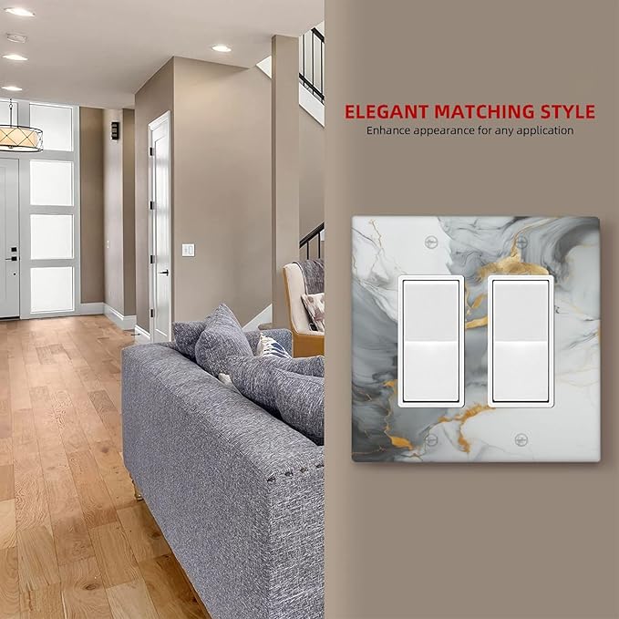 Outlet Covers Gray/Gold Marble Abstract Modern Luxury 2 Gang Light Switch Cover Double Rocker Wall Plate Decorative GFCI Receptacle Electrical Switchplate for Bathroom Bedroom Decor（2 Pack）