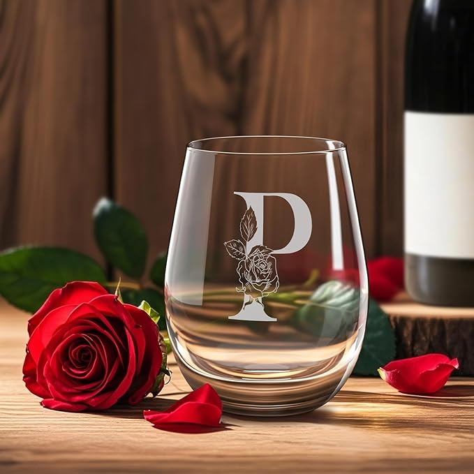 Valentines Day Gifts for Her, Gifts for Women Her Friend Mom Grandma Wife Sister Bridesmaid Nurse, Birthday Galentines Mothers Day Christmas, Personalized Initial Customized Wine Glasses 18OZ(P)