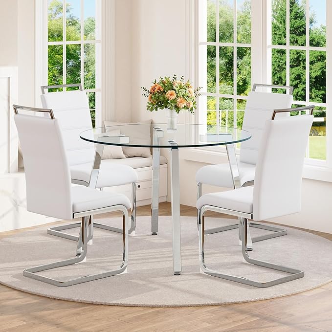 42" Round Glass Dining Table Set for 4,Modern Breakfast Table Set for 4 with Silver Chrome Legs,Space Saving Kitchen Table and White Chairs for Apartment,Easy Assembly