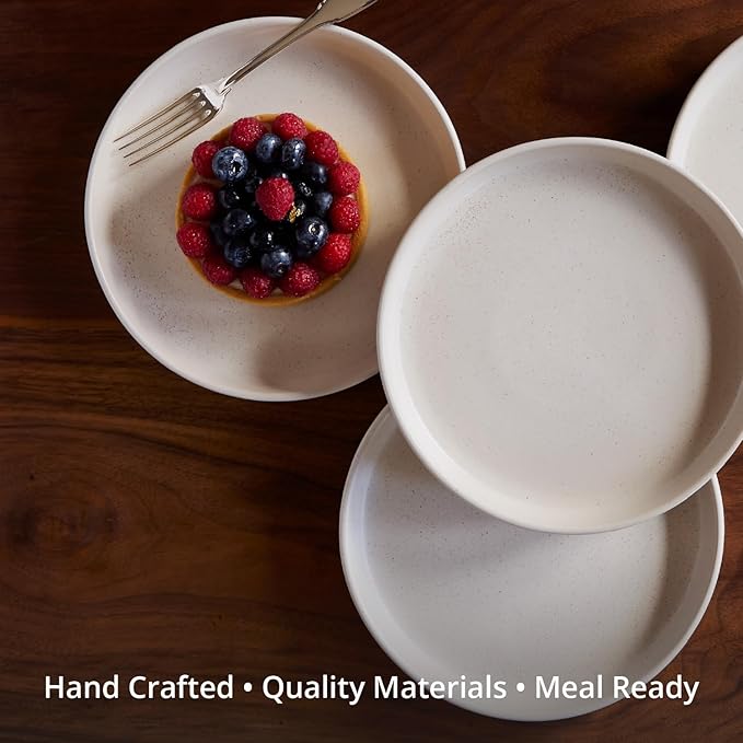 Goodies Cream Breakfast Plates (Set of 4), Handmade Ceramic, Glazed, Dishwasher Safe, Microwave Safe, Durable, Easy-to-Clean, Stackable, Modern, 8 Inch