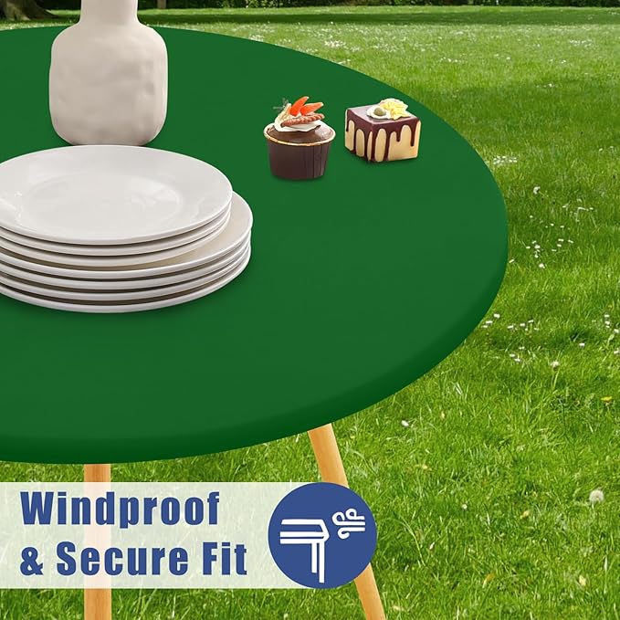 Round Spandex Tablecloth 2 Pack, Elastic Fitted Waterproof Tablecloths for 36"-44" Tables, Stretch Washable Picnic Table Cover for Camping, Dining, Indoor and Outdoor, Emerald Green