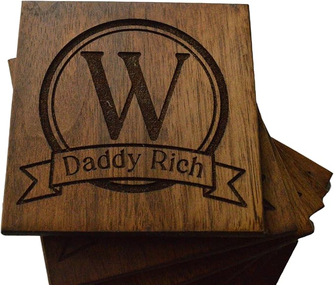 Personalized Wooden Coasters with Monogram, Wedding Date Engraved, Family Name- Choice of Wood (Name Inside Initial Round)