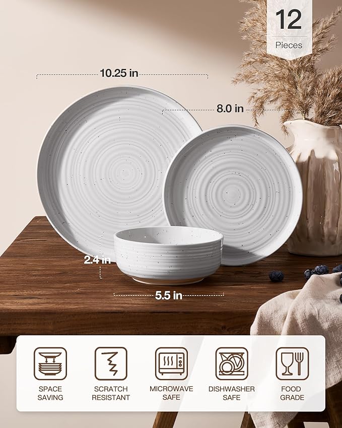 Stoneware Dinnerware Sets, Plate and Bowl Sets for 4, 12 Pieces Spiral Flared Dishware with Speckles and Reactive Glaze, Microwave Dishwasher Safe Family Tableware, White