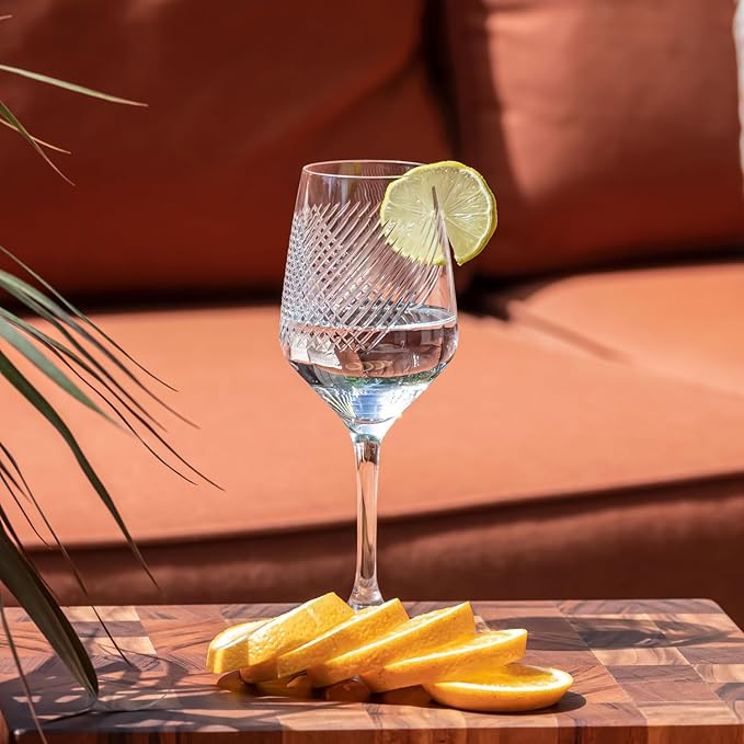 Rolf Glass Bourbon Street White Wine Glass | Set of 2 Stemmed Glasses | 10.75oz Lead-Free Tumblers | Diamond-Wheel Engraved and Polished | Classically Modern Designs | Made in the USA