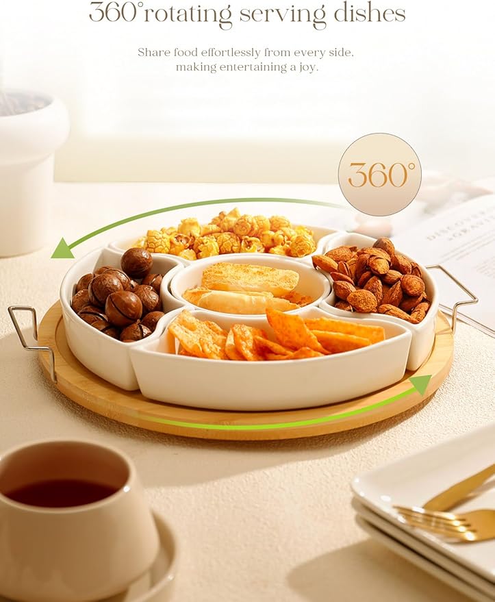 Ceramic Divided Serving Dishes with Bamboo Tray,360° Rotatable Serving Bowls with Handles for Party,5 Removable Relish Tray,11.2 Inch Appetizer Serving Dish for Chips & Dip, Veggies, Candy & Snacks