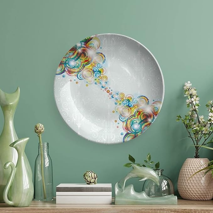 Decorative Plates, Abstract Print Ornament, Modern Design Rainbow Waves Circles Patterned, 10 Inch, 1 Plate with 1 Display Stand, Multicolor