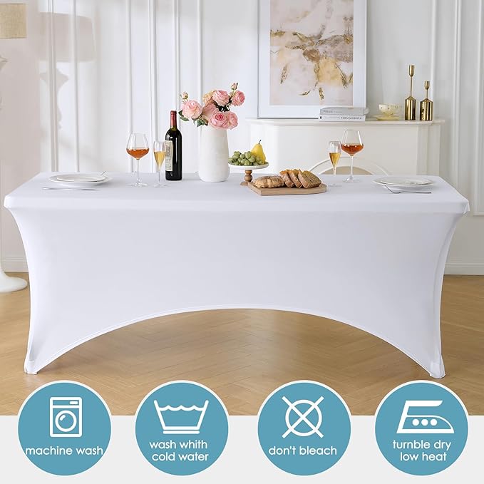 VidaFete Spandex Tablecloth 6 Pack 8FT, Fitted Stretch Table Cover for Rectangle Tables, Wrinkle Resistant and Washable Tablecloths for Outdoor, Picnic, Party, Wedding, Banquet, Birthday, White