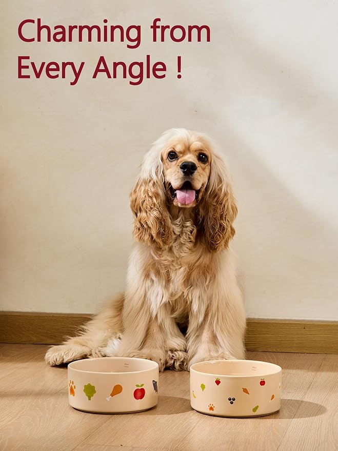 Ceramic Dog Bowl Set of 2 with Weighted Non-Slip Ring-3.3 Cups, Stoneware Food and Water Set, Pet Feeding, Microwave and Dishwasher Safe-NomNom-M 2pcs