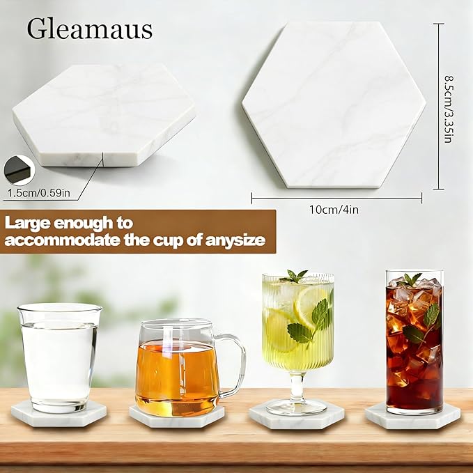 Natural Marble Coasters, Hexagonal Costers, Luxury Aesthetic Modern Decor for Coffee Table Bar Kitchen Home, White Marble, Real Natural Semi Absorbent Stone Coasters