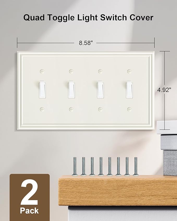2-Pack Quad Toggle Light Switch Cover Plate, Durable Zinc Alloy Decorative Switch Plate Covers, Light Almond 4 Gang Switch Plates, Corrosion Resistant