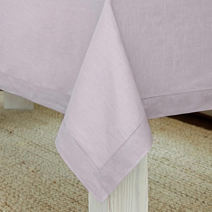 Solino Home Lilac Linen Tablecloth 60 x 90 Inch - 100% Pure Linen Hemstitch Table Cloth for Rectangle Tables - Classic Hemstitch, Machine Washable Tablecloth for Valentines, Spring, Easter
