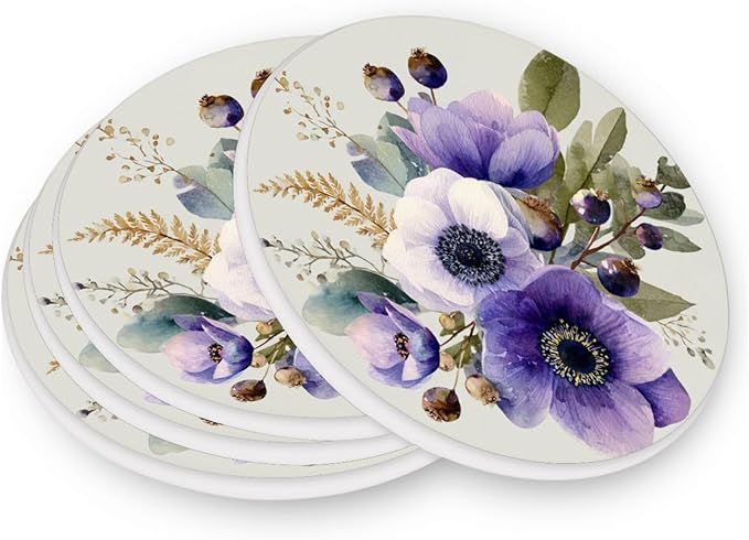 Coasters for Drinks Coaster Drink Set Decorative Coffee Table Desk Cup Mat Spring Cute Cork Bar Backing Round Home Decor Purple Silver Lotus with Branches and Berries20