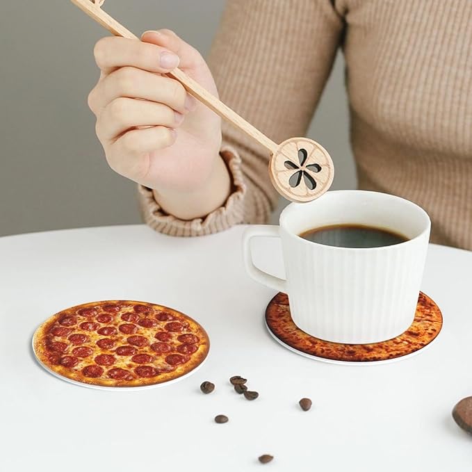 Pizza Coasters for Drinks with Holder Round Leather Coasters Set of 6 Cups Mugs Mat Pad for Home Kitchen Bar