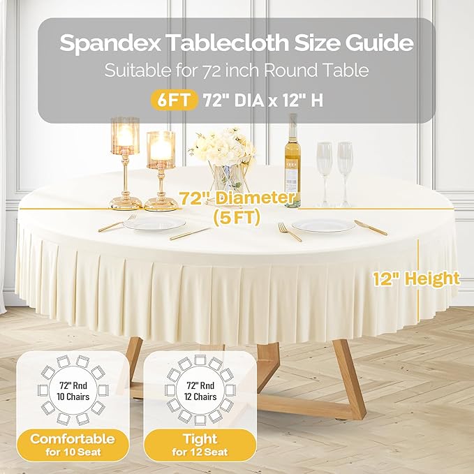 8 Pack Ivory Spandex Round Tablecloths for 72in Table, Stretchy Fitted 6FT Round Table Cloths, Wrinkle Free Table Cover with Skirt for Wedding Birthday Party Bridal Shower Banquet