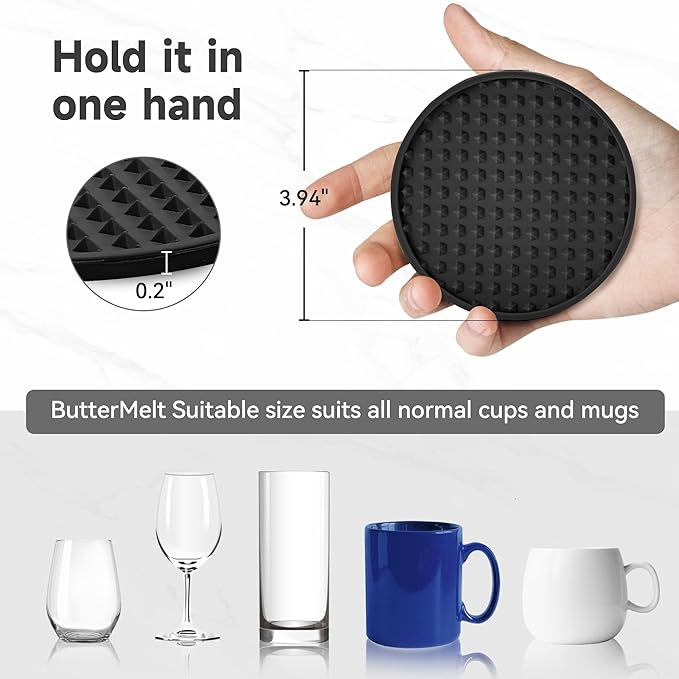 Coasters for Drinks, Silicone Coasters Set of 6 with ABS Holder, Outdoor Coaster for Coffee Table, Non-Slip Rubber Table Cup Mat Desk, Heat Resistant & Scratch-Proof (Black)