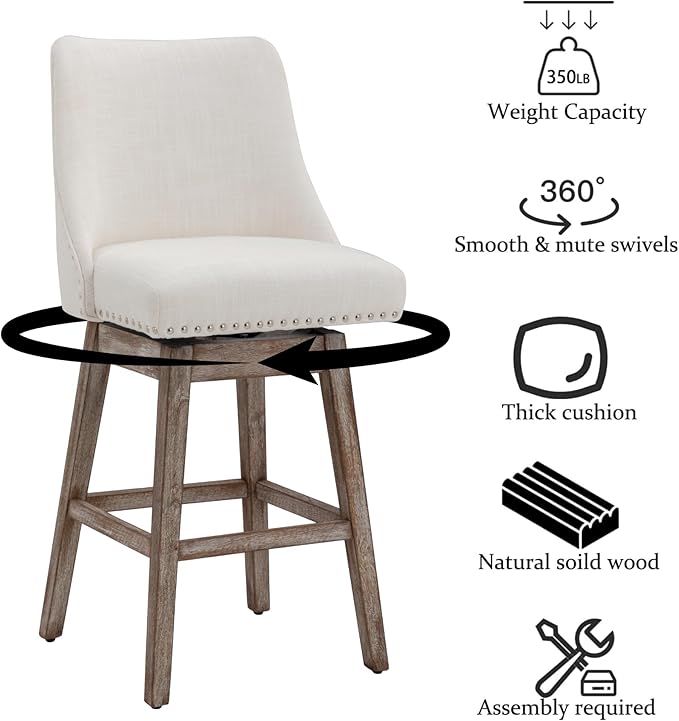Counter Height Bar Stools Set of 2, Linen Fabric Mid Century Modern Swivel Barstool with Back & Wood Legs Comfy Upholstered Counter Chairs for Home Bar/Dining Room/Restaurant, Cream
