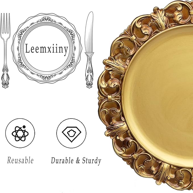 13" Antique Gold Charger Plates, Set of 6 Plastic Textured Chargers for Dinner Plates with Embossed Rim, Table Décor, Party, Wedding, Holiday