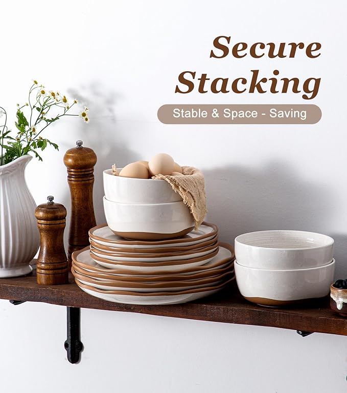 Lareina Plates and Bowls Set, 12 Pieces Farmhouse Ceramic Dinnerware Sets, Scratch Resistance, Dishwasher Microwave Safe, Vanilla White