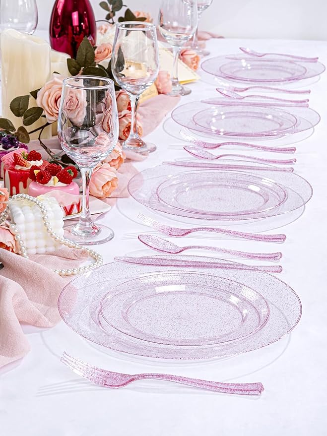 WDF 200PCS Pink Plastic Plates - Rose Gold Glitter Plastic Plates - Heavy Duty Pink Glitter Disposable Plates for Parties/Wedding/Valentine's Day
