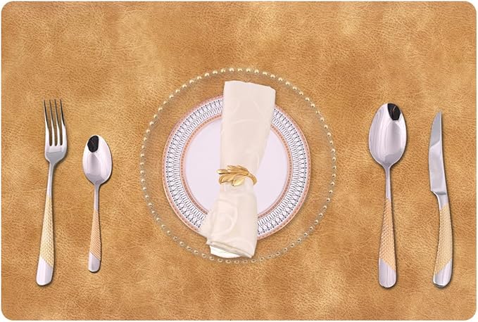 Faux Leather Eco-Friendly Placemats with Rounded Corners Set of 4,Oilproof&Heat-Resistant Place Mats,Waterproof&Stain Resistant Table Mats,Washable Non-Slip for Kitchen-Khaki