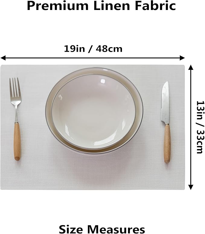 Demetex White Place Mats Set of 8 Washable Linen Placemats Heat Resistant Decorative Table Placemat for Holiday Party Wedding, 13x19 inch, Pure White