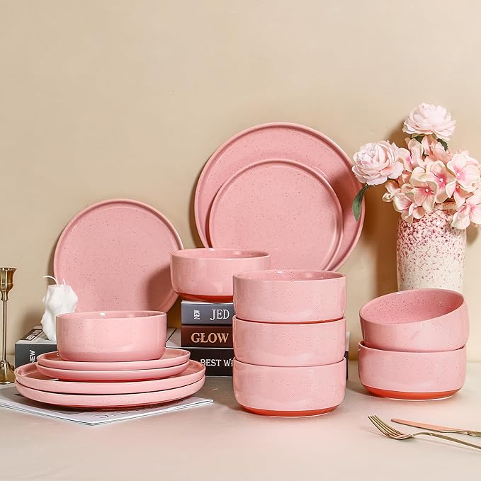 GZG Modern Art Series - 18 Pcs Speckled Stoneware Plates and Bowls Sets, Ceramic Dinnerware Set with Rustic Terracotta Underside, Microwave and Dishwasher Safe Handcrafted Dishes Set - Blush Pink