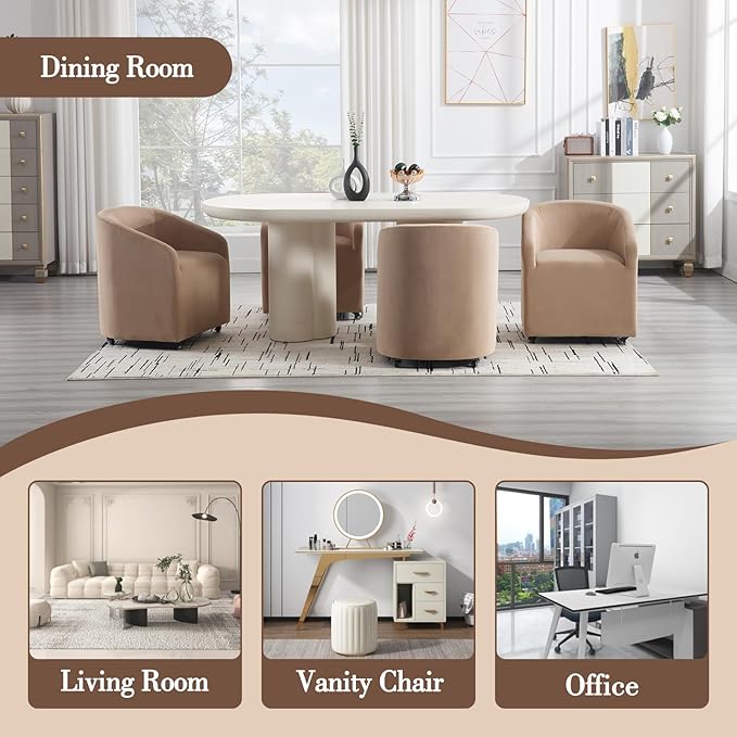 Modern Barrel Dining Chairs with Rolling Casters Set of 4, Upholstered Velvet Swivel Dining Room Chairs with Wheels for Kitchen Living Room Home Office, Khaki