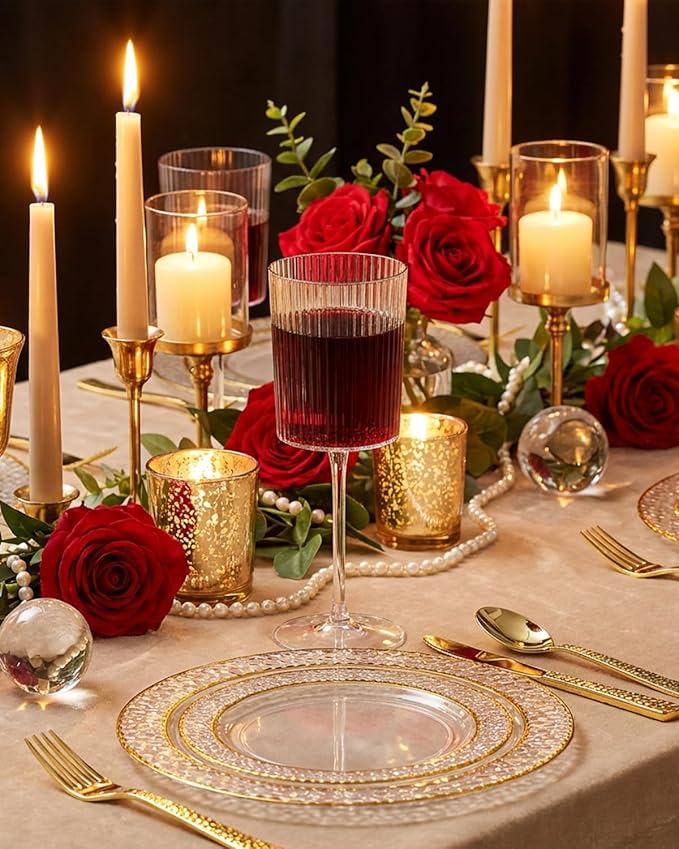 Ciaell 12 PCS Plastic Ribbed Wine Glasses - 10 OZ Plastic Square Wine Glasses with Stem - Disposable Champagne Cups for Parties & Weddings & Party & Valentine's Day