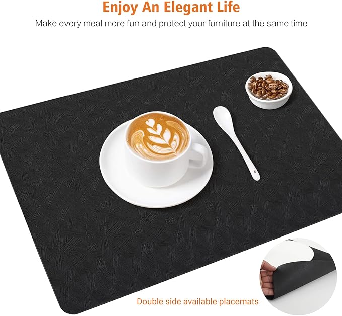 Vinyl Placemats Set of 6 Heat Resistant Easy Clean Non-Slip Place Mats for Dining Table Faux Leather Waterproof Stain Resistant Wipeable Washable PVC Table Mats(6, Black)