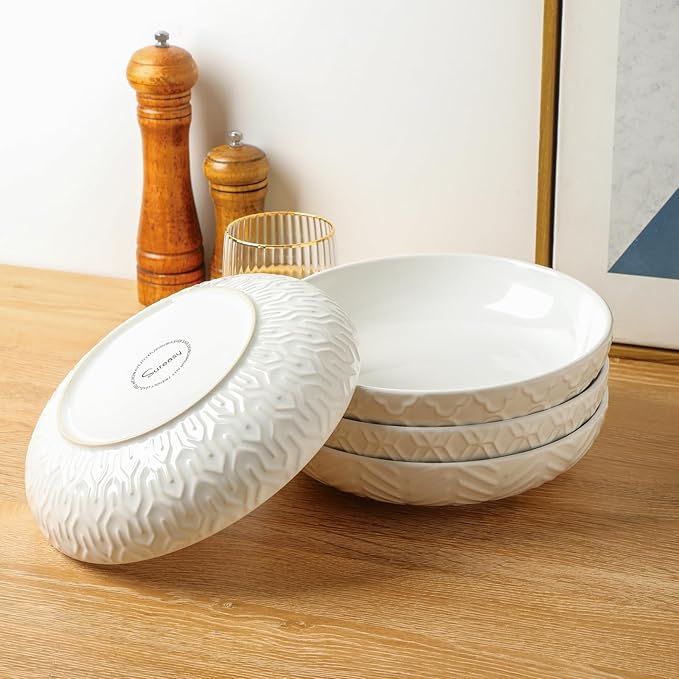 Sureasy 9.7" Pasta Bowls Set of 4-42 oz Large Salad Bowls for Kitchen, Embossed Ceramic Serving Bowls for Fruits, Soup, Pasta and Salad, Microwave & Dishwasher Safe, White