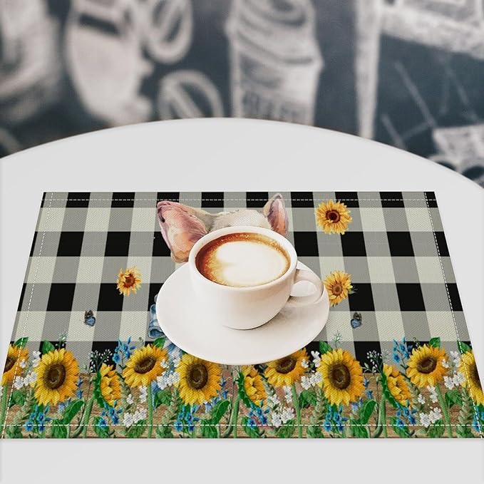 Rustic Pig Placemat Set, Vintage Farmhouse Cute Animal Sunflower Floral Black White Plaid Blue Bowknot Pattern Home Decor Table Mats for Dining Room Kitchen Party (17x12in) x6P