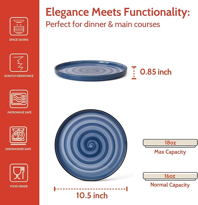 Sweese 10.5 Inch Porcelain Dinner Plates Set of 6, Gradient High Edge Dish Set - Dishwasher, Microwave, Oven Safe, Scratch Resistant, Kitchen Serving Dishes - Cool Assorted Colors