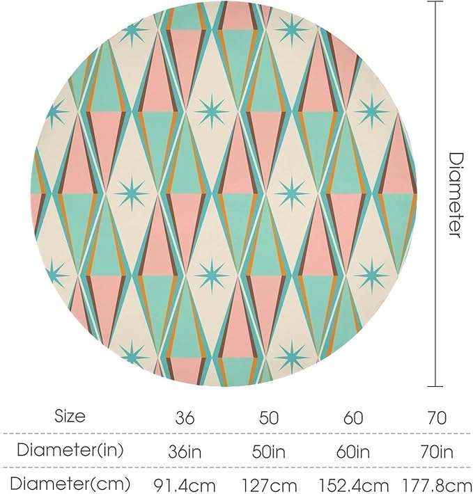 Mid Century Round Tablecloth, Vintage Bohemian Modern Mid-Century 50s 60s Print Tablecloth for Home Party Dining Room Kitchen Decor 70Inch(178cm)