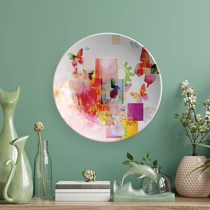 Ceramic Display Plate, Abstract Ceramic Hanging Decorative Plate, Natural Design Flowers Leaves Squares Rounds, 8 Inch, Household Custom Ceramic Plate, Multicolor