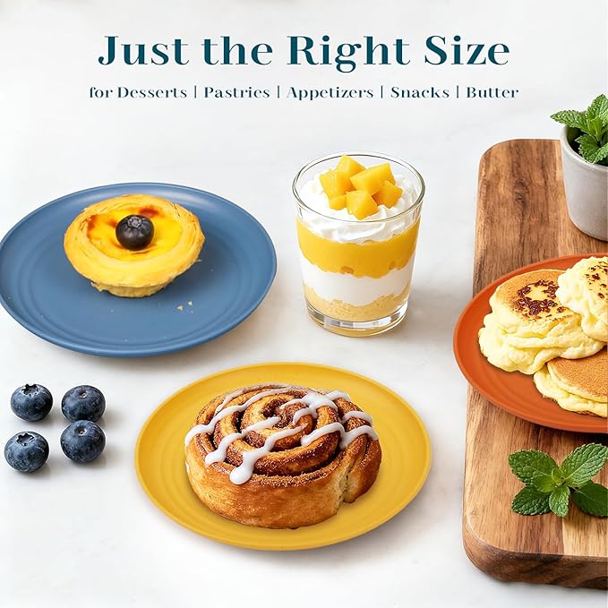 Appetizer Plates 5.7 Inch, Unbreakble Wheat Straw Plate Sets of 8, Plastic Plates Reusable, Microwave & Dishwasher Safe Small Plate for Dessert, Kitchen, Saucers, Party (Multicolor)