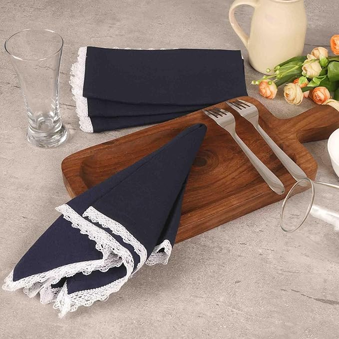 FINGERCRAFT Dinner Cloth Napkin Cotton Linen Blend 4 Pack Mitered Corners with Elegant Lace for Everyday Use Napkins are Pre Shrunk and Good Absorbency Navy