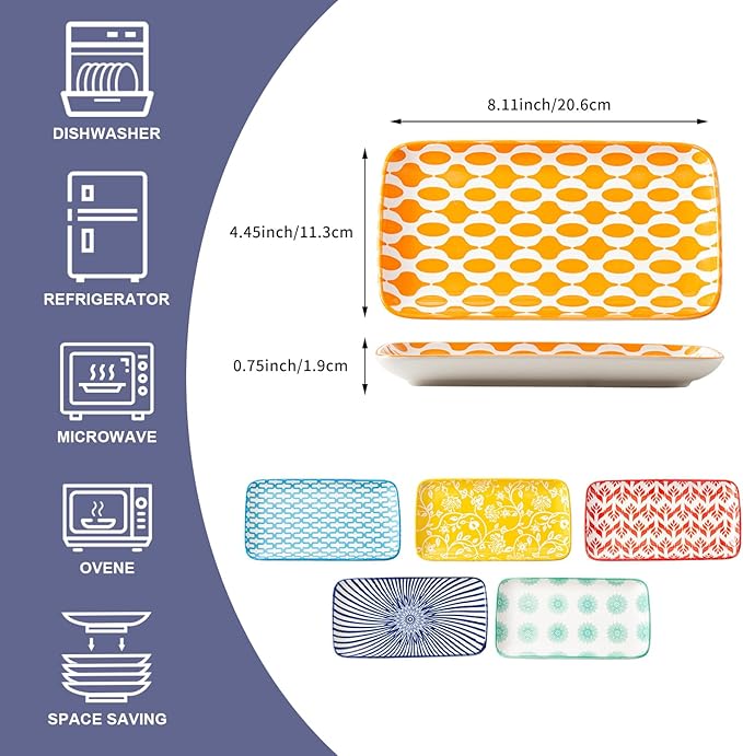Ceramic Rectangle Salad Plates Set - 8.1" x 4.5" Rectangular Serving Platter - Serving Trays for Sushi Dinner Dessert Pasta Appetizer - Microwave Dishwasher Safe - Set of 6 - Assorted Colors