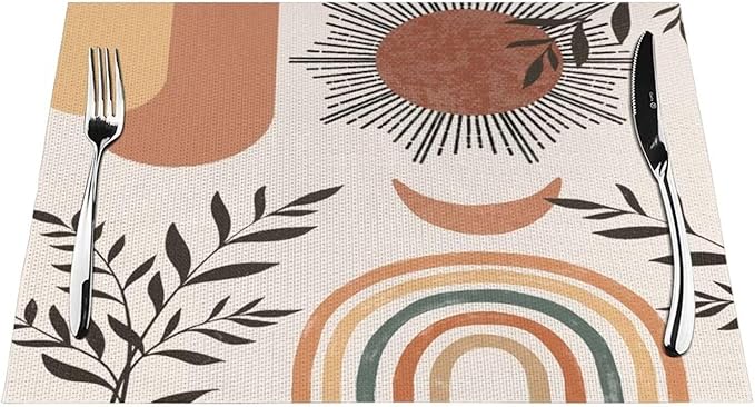 Mid Century Abstract Boho Placemats Orange Vintage Aesthetic Nature Leaf Sun Modern Washable Place Mats 12x18Inch for Dining Kitchen Farmhouse Decor 6 PCS