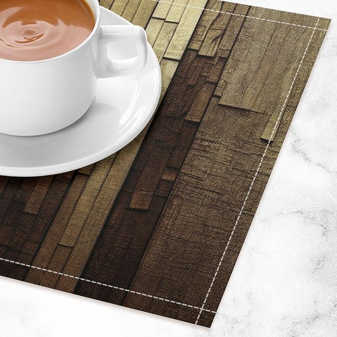 Retro Plank Placemat Set, Rural Old Shabby Brown Beige Farmhouse Barn Wooden Board Pattern Home Decor Linen Table Mats for Dining Room Kitchen Party (17x12in) x6P