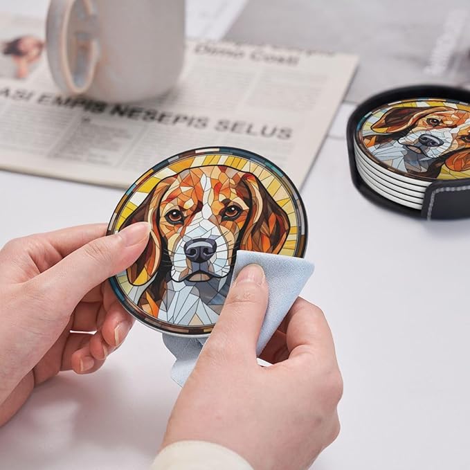 Drink Coaster Set of 6, Beagle Dog Mom Lover Gift,Leather Drink Coasters with Holder,6 Pack Cup/Bar/Drink Coasters for Table/Drinks/Coffee Protection Housewarming Gift