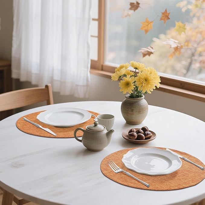 homing 15 Inch Round Cloth Placemats Set of 4, Cotton Linen Blend Washable Table Mats, Farmhouse Dining Place Mats for Indoors & Outdoors, Easy to Clean, Orange