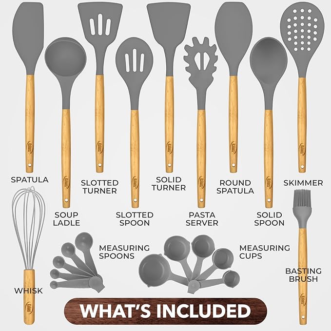 Kitchen Utensils Set, 21 Wood and Silicone Cooking Utensil Set, Non-Stick and Heat Resistant Kitchen Utensil Set, Kitchen Tools