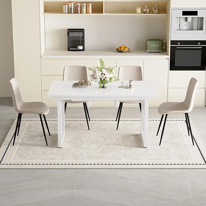Extendable Dining Table Set for 4, 55"–71" Modern White Kitchen Table with 4 Upholstered Chairs, Space-Saving for Living Room Apartment, Sturdy & Comfortable, Easy Assembly
