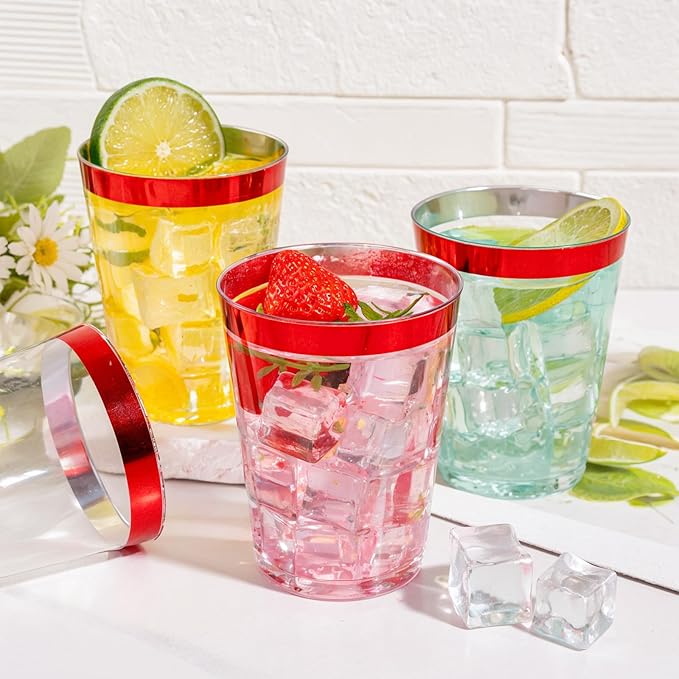 DaYammi 100 Pack Red Plastic Cups 10 Oz Clear Red Rimmed Plastic Cups for Party Fancy Disposable Cup for Wedding Disposable Glasses Clear Tumblers with red Rim for Party Elegant Wine Cocktail Cup