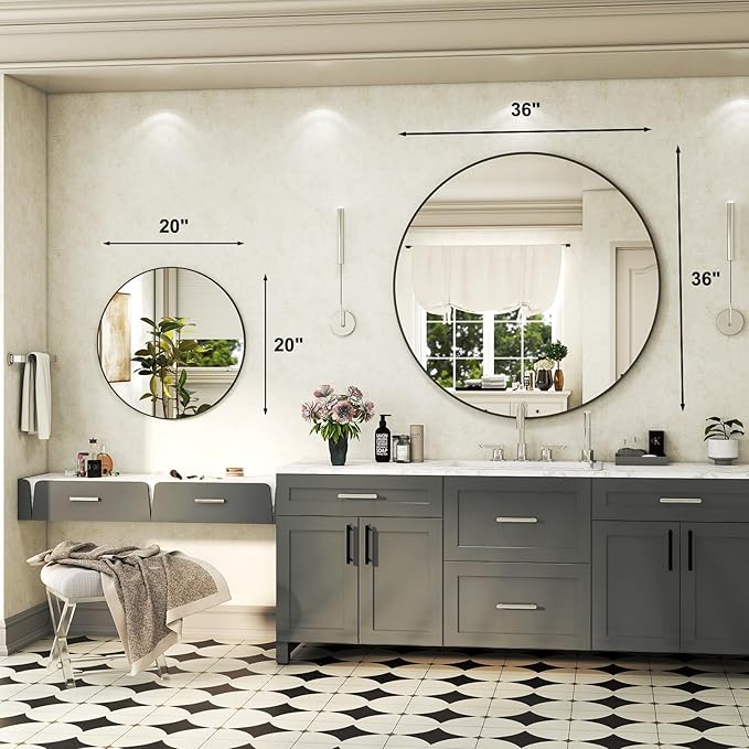 36 Inch Round Bathroom Mirror - Black Wall Mounted Circle Mirror with Metal Frame, Modern Round Hanging Mirror Suitable for Bathroom, Vanity, Entryway, Living Room