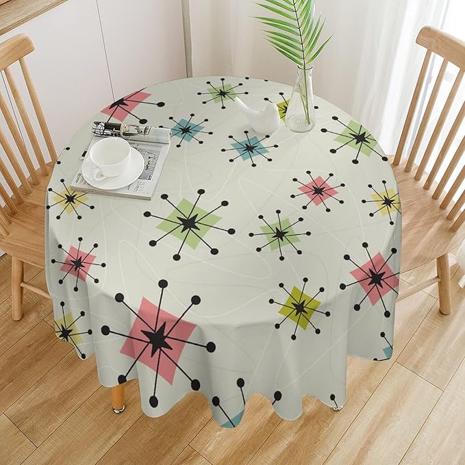 Retro Mid Century Round Tablecloth, Vintage Modern Colorful Abstract Geometric Art Bohemian Tablecloth for Home Party Dining Room Kitchen Decor 50Inch(127cm)