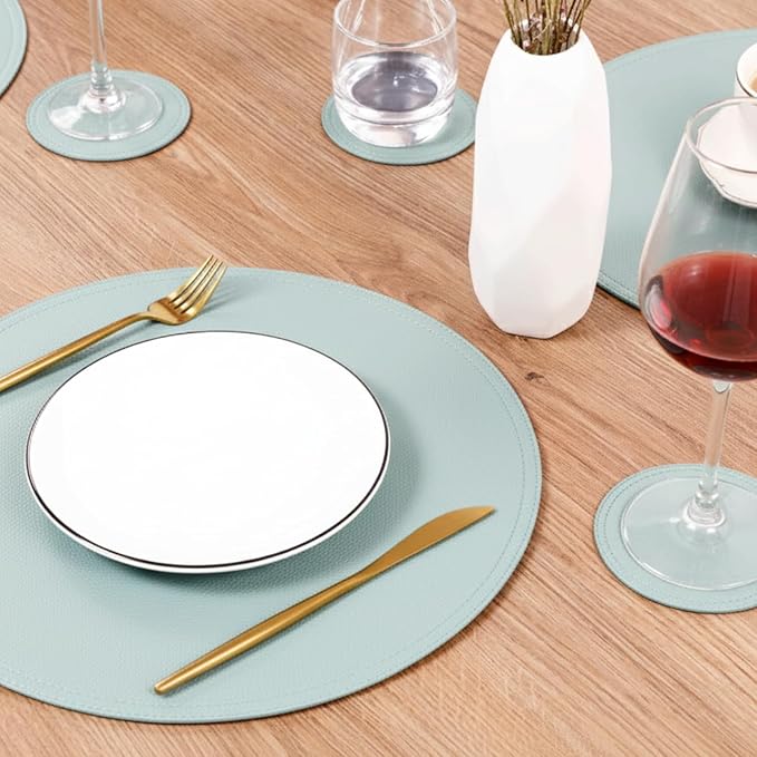 Set of 6 Faux Leather Round Placemats and Coasters, Coffee Mats Kitchen Table Mats, Waterproof, Easy to Clean for Kitchen Dining Round Table