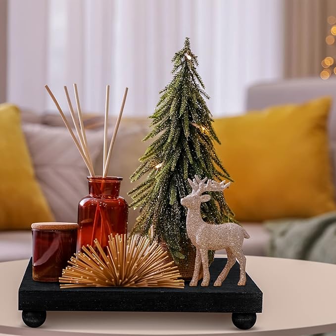 Amyhill Wood Pedestal Stand Kitchen Soap Tray Farmhouse Wooden Riser Stand for Kitchen Bathroom Counter Table Decor Plant Candle Vases Display (Black, 9 x 6 Inch)